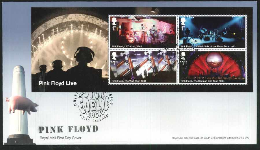 2016 - Pink Floyd, Minisheet First Day Cover, Psychedelic Rock, Cambridge Postmark
